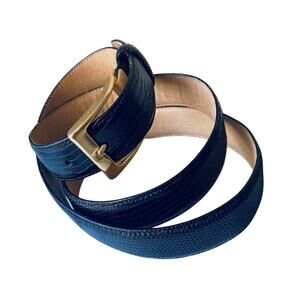 Genuine Lizard Leather Belt Luxury Academia Size 40 Black Solid Brass Buckle